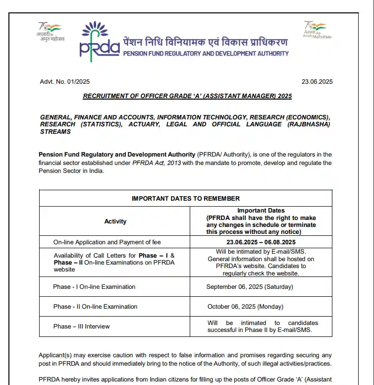 PFRDA Assistant Manager Recruitment 2025: Apply Online for Grade A Posts, Check Eligibility, Salary & Exam Dates 3 PFRDA Grade A Recruitment 2025 Notification