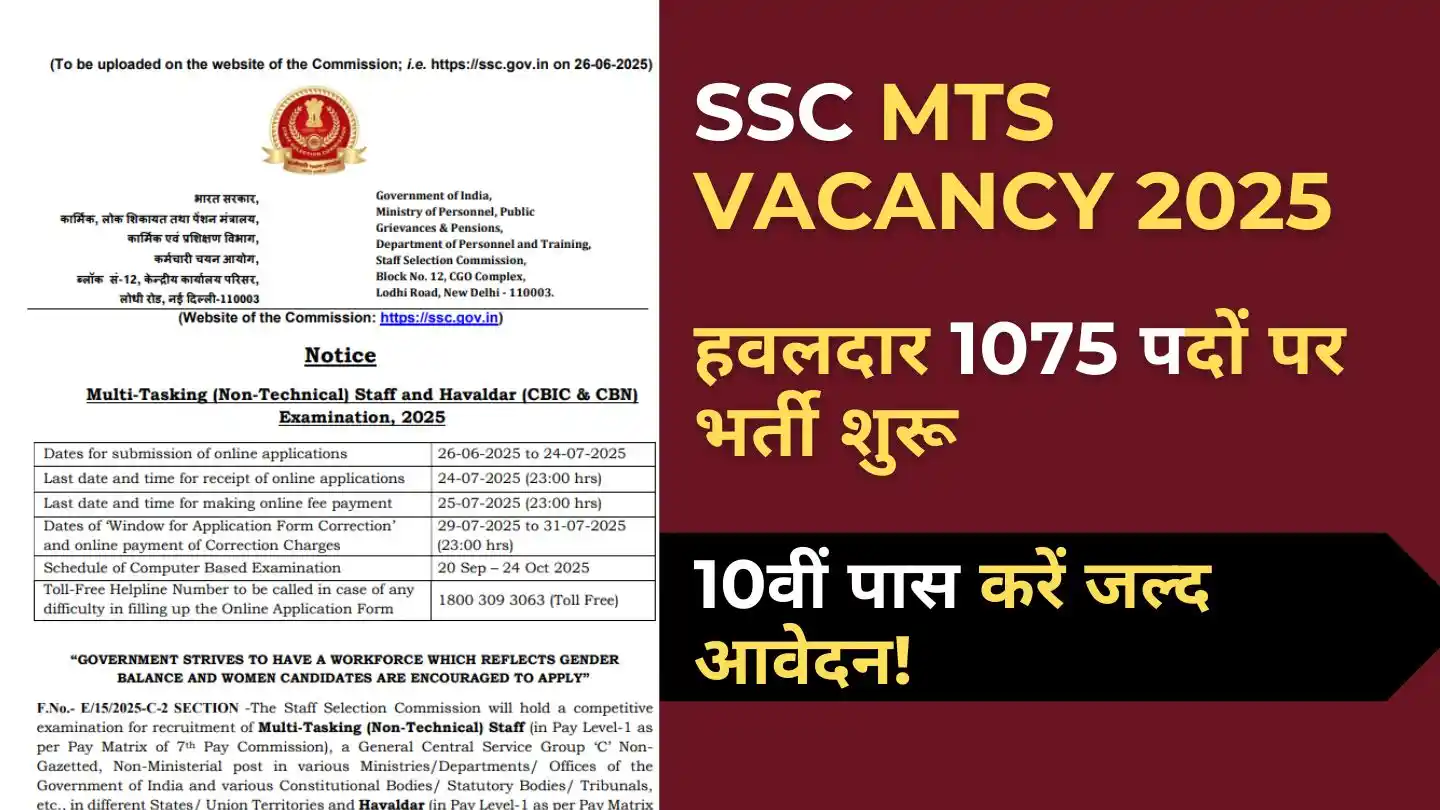 SSC MTS Vacancy 2025: 1075 Havaldar पदों पर भर्ती शुरू, 10वीं पास करें आवेदन 4 SSC MTS Havaldar Vacancy 2025 – 1075 पदों पर भर्ती, 10वीं पास करें आवेदन