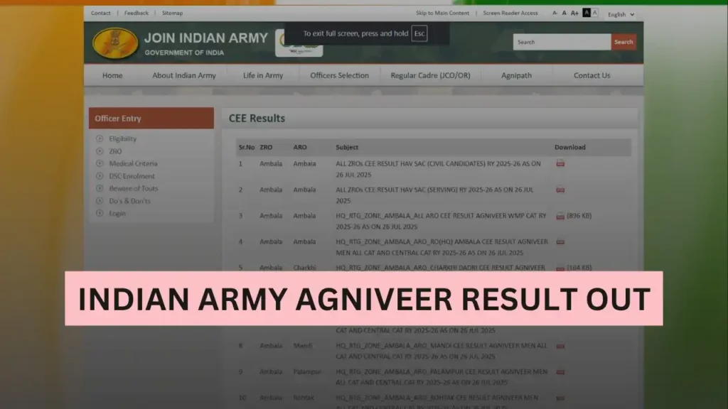 Army CEE Result 2025 PDF Download लिंक – Indian Army Agniveer रिजल्ट सभी रैली के लिए जारी