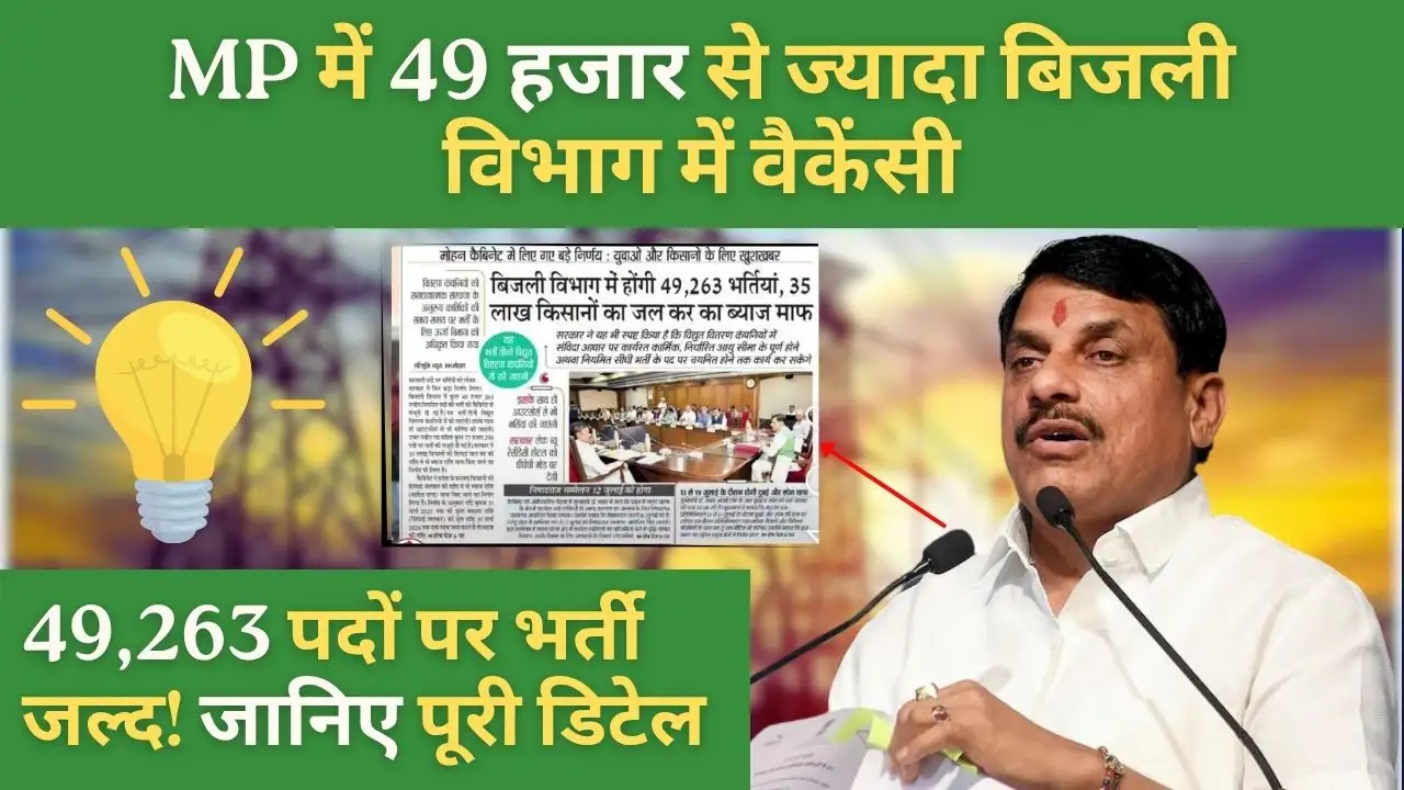 MP Bijli Vibhag Bharti 2025 : 49 हजार से ज्यादा पदों पर भर्ती को मंजूरी, नोटिफिकेशन जल्द 8 MP Bijli Vibhag Bharti 2025 में 49,263 पदों पर भर्ती का बड़ा ऐलान