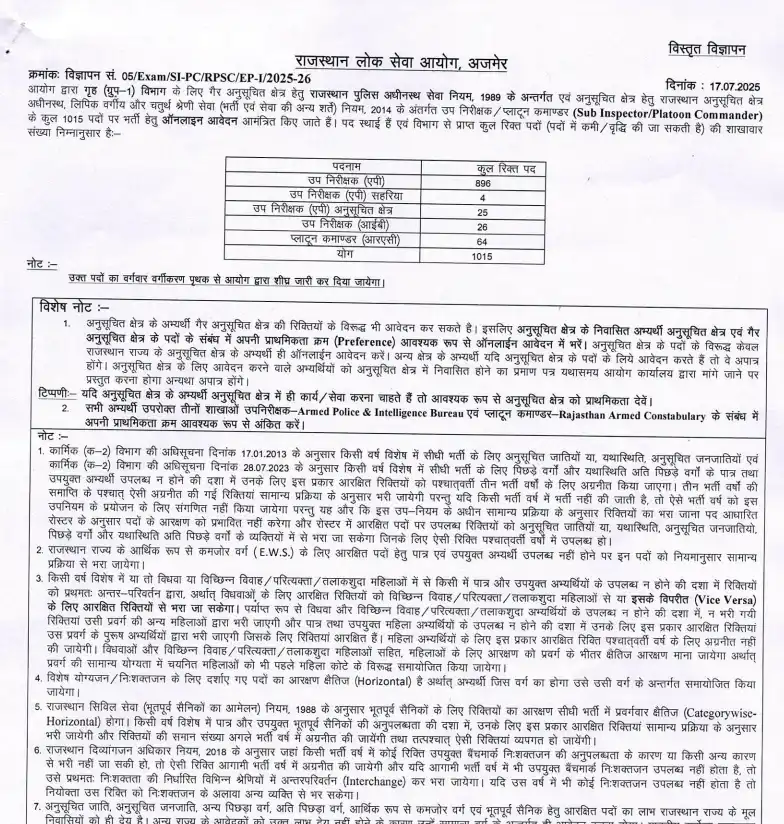 Rajasthan Police SI Vacancy 2025: 1,015 पदों पर भर्ती, नोटिफिकेशन, योग्यता, सैलरी और आवेदन प्रक्रिया 3 rajasthan police si notification 2025 first page 1