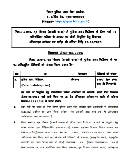 Bihar Police SI Vacancy 2025: 1799 पदों पर भर्ती, नोटिफिकेशन, पात्रता और आवेदन की पूरी जानकारी 3 Bihar Police SI Vacancy notification