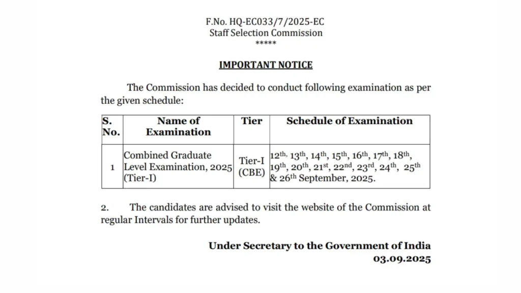 SSC CGL Exam Date 2025 official notice, admit card and city slip details