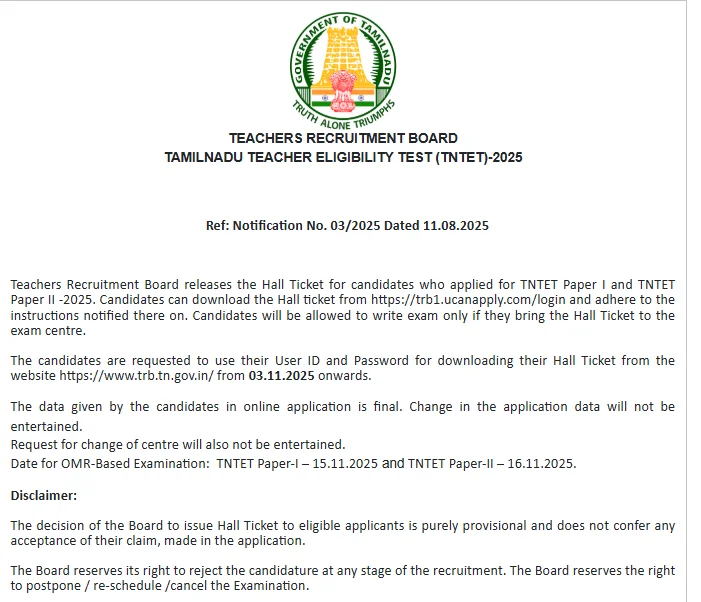 TNTET Hall Ticket 2025 Out Now — Direct Download Link Activated at trb.tn.gov.in! 3 tn tet hall ticket