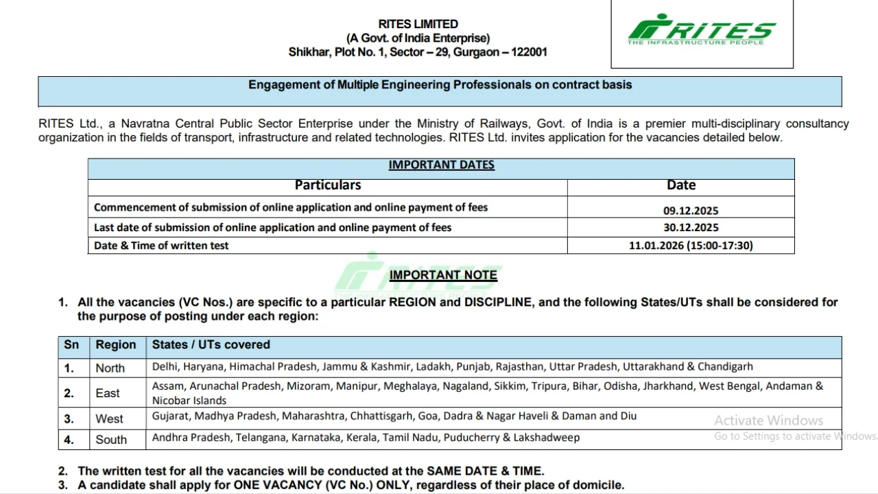 RITES Senior Technical Assistant Recruitment 2025 Mechanical Vacancy Details
