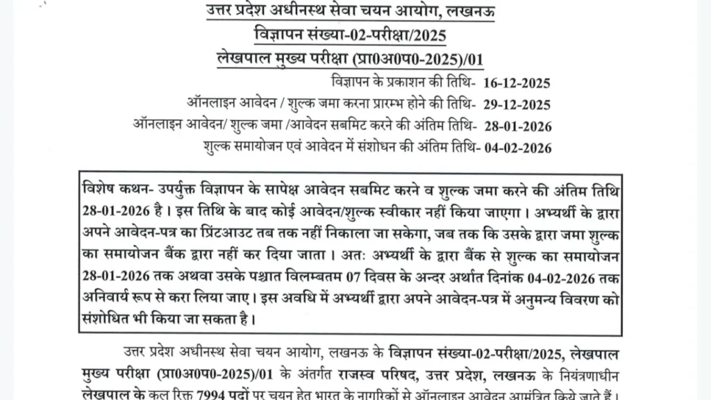UP Lekhpal Vacancy 2026 Notification Apply Online