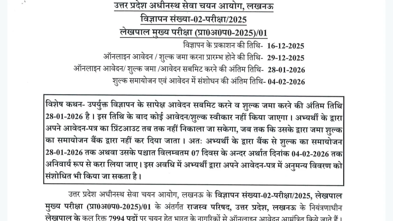 UP Lekhpal Vacancy 2026 Notification Apply Online