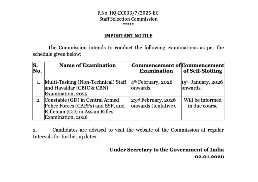 SSC GD Constable Exam Date 2026 Out: CBT परीक्षा 23 फरवरी से शुरू, शेड्यूल यहां देखें 3 SSC GD Constable Exam Date 2026 official notice released by SSC