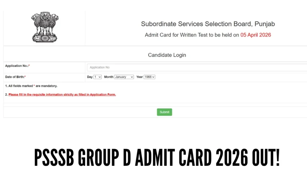 PSSSB Group D Admit Card 2026 download link, exam date 5 April check hall ticket details