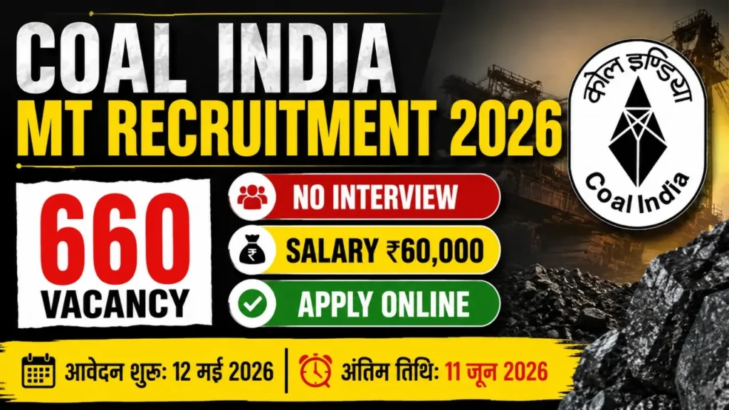Coal India MT Recruitment 2026 thumbnail showing 660 vacancies, no interview selection and ₹60,000 salary details