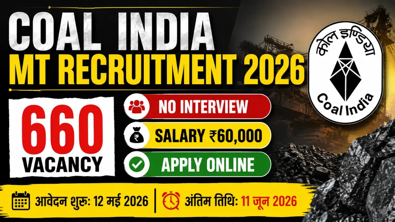 Coal India MT Recruitment 2026 thumbnail showing 660 vacancies, no interview selection and ₹60,000 salary details