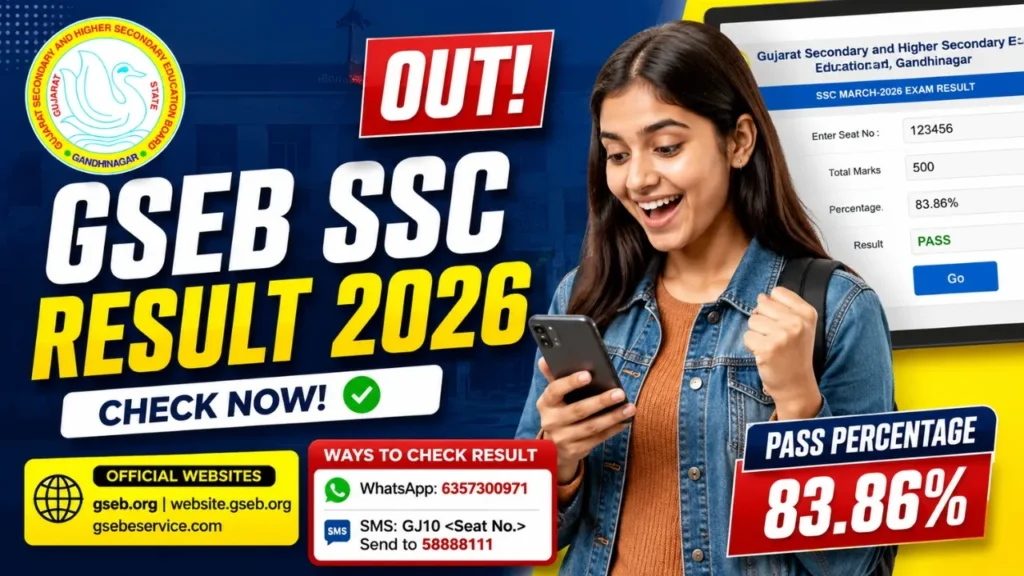 GSEB SSC Result 2026 thumbnail showing Gujarat Board Class 10 result check with student using mobile phone