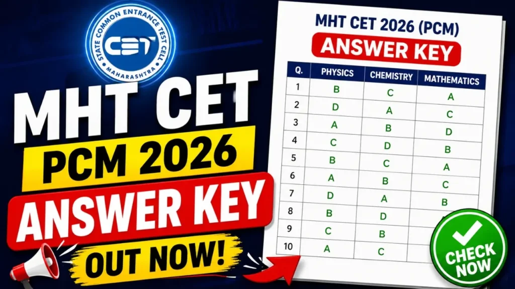 MHT CET PCM Answer Key 2026 thumbnail showing answer sheet, CET logo, and response sheet download update