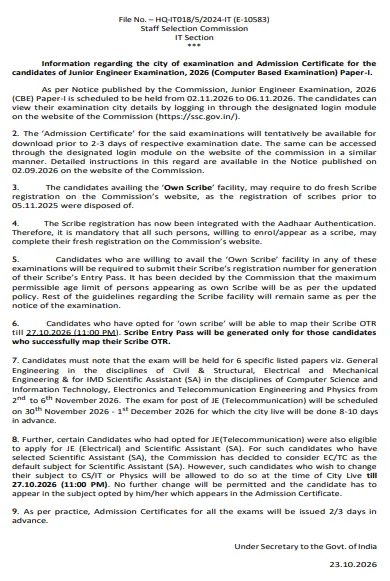 SSC JE City Slip Notice